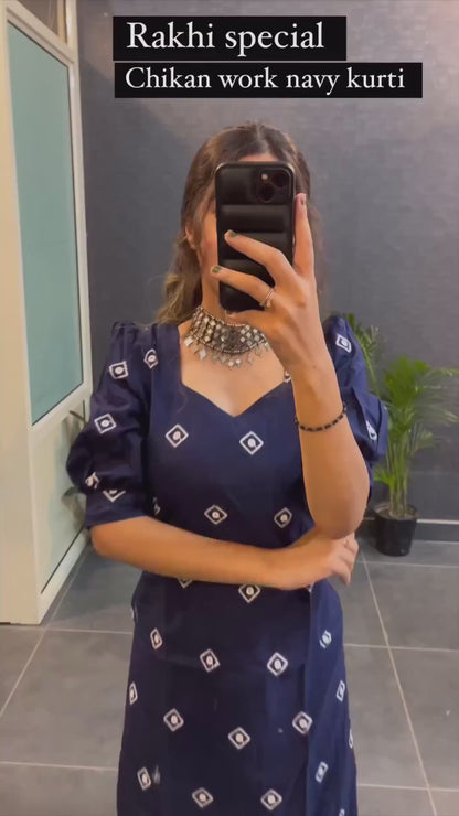 New Blue Embro Cotton Kurti For Women