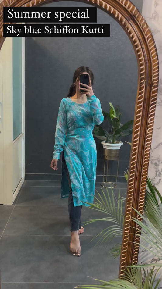 Sky Blue Schiffon Printed Kurti For Women