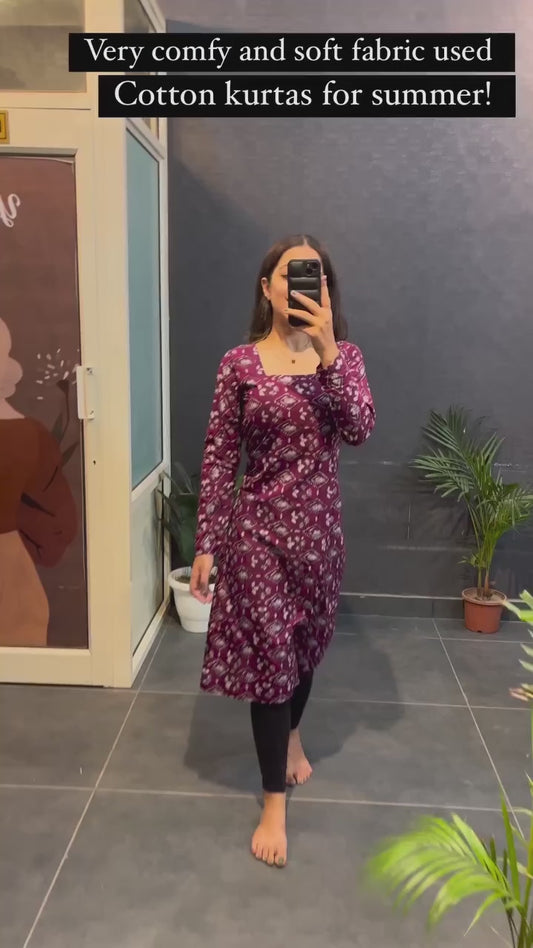 New Womens Printed Wine Cotton festive Kurti