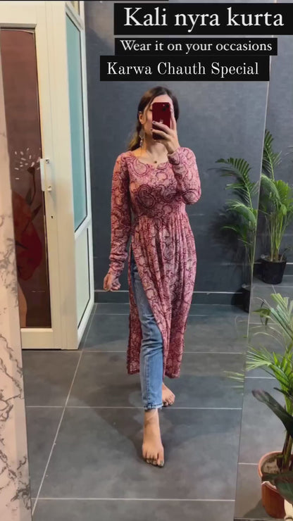 Maroon Rayon Printed Cotton Nayra Cut Kurti