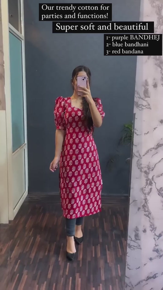 Red Cotton Bandhani Printed Kurti With Lining