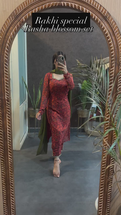 Rasha Rust Blossom Kurta Pant Dupatta Set