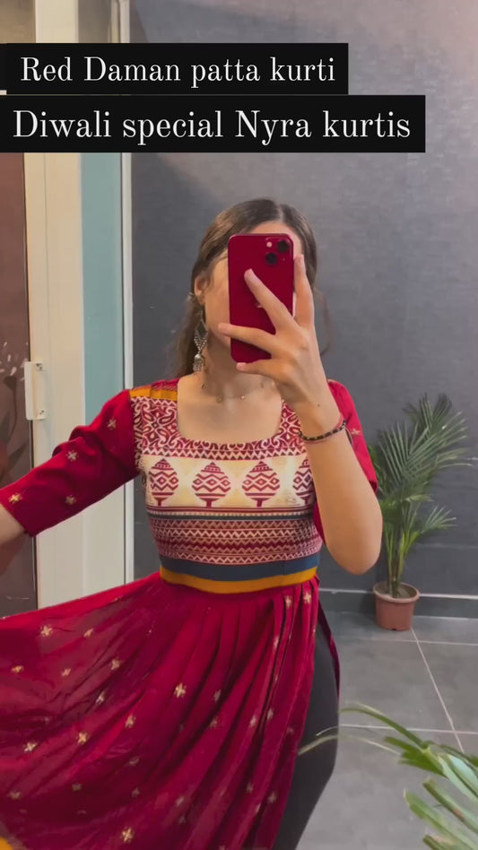 Red Rayon Printed Cotton Nayra Cut Kurti