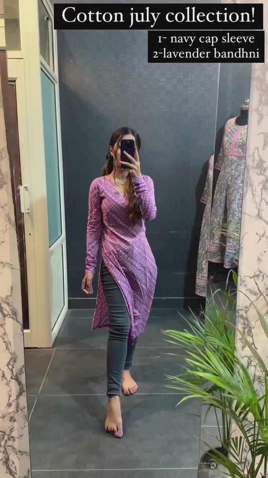 Lavendar Cotton Bandhani Kurti For Womens