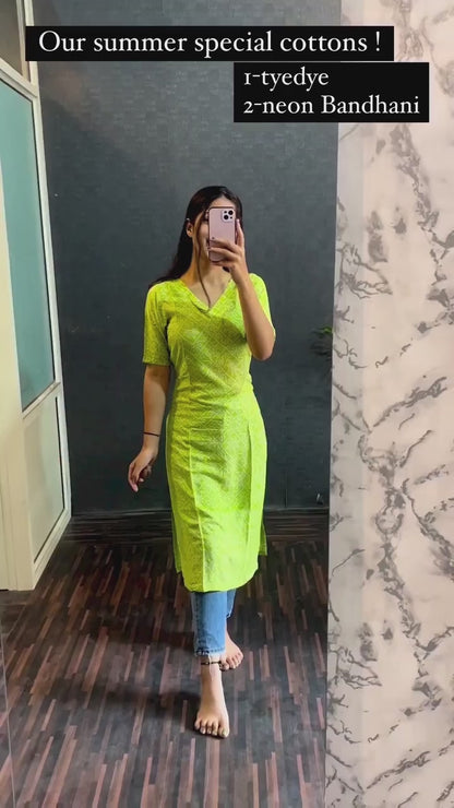Neon Bandhani Printed Cotton Kurti with lining