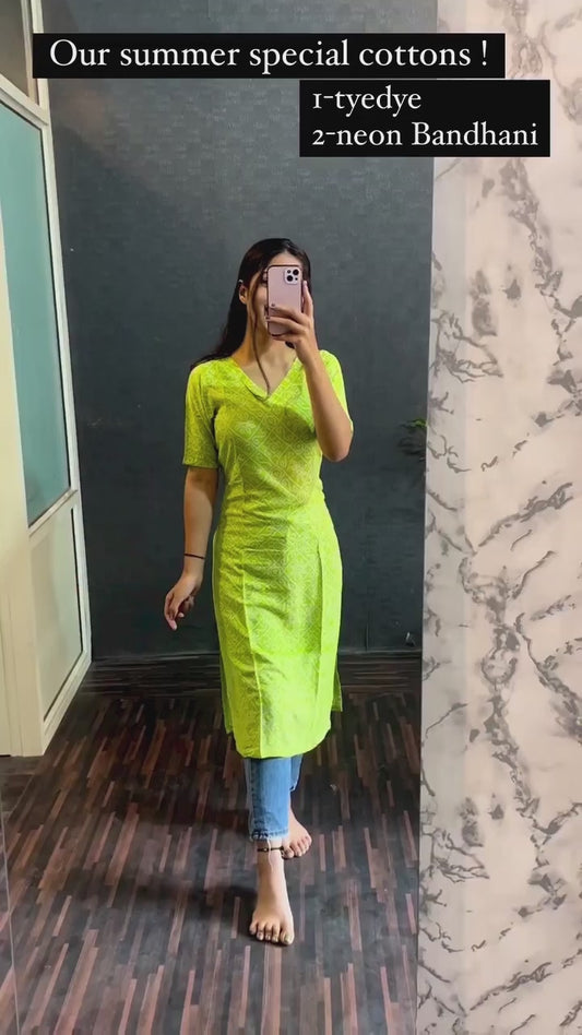 Neon Bandhani Printed Cotton Kurti with lining