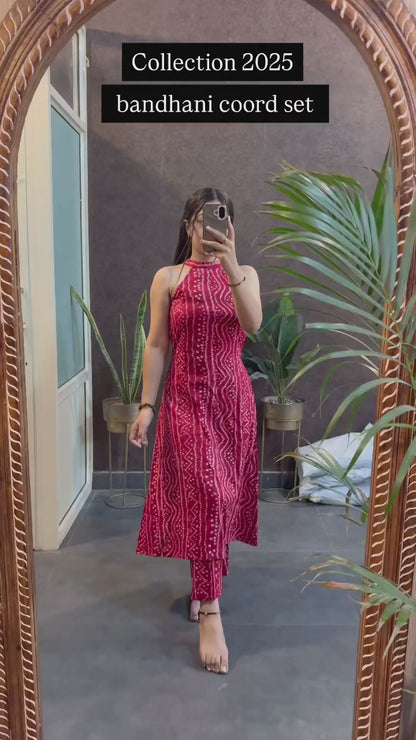 Festive Fusion Crimson Red Bandhani Halter Coord Set
