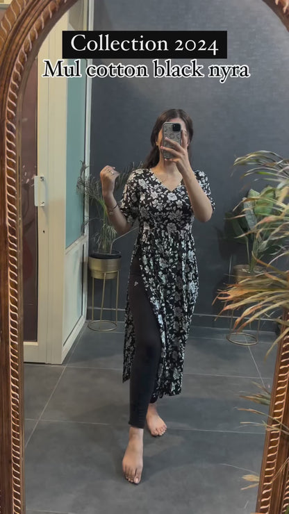 Top Trending Black Floral Printed Cotton Nyra Kurta